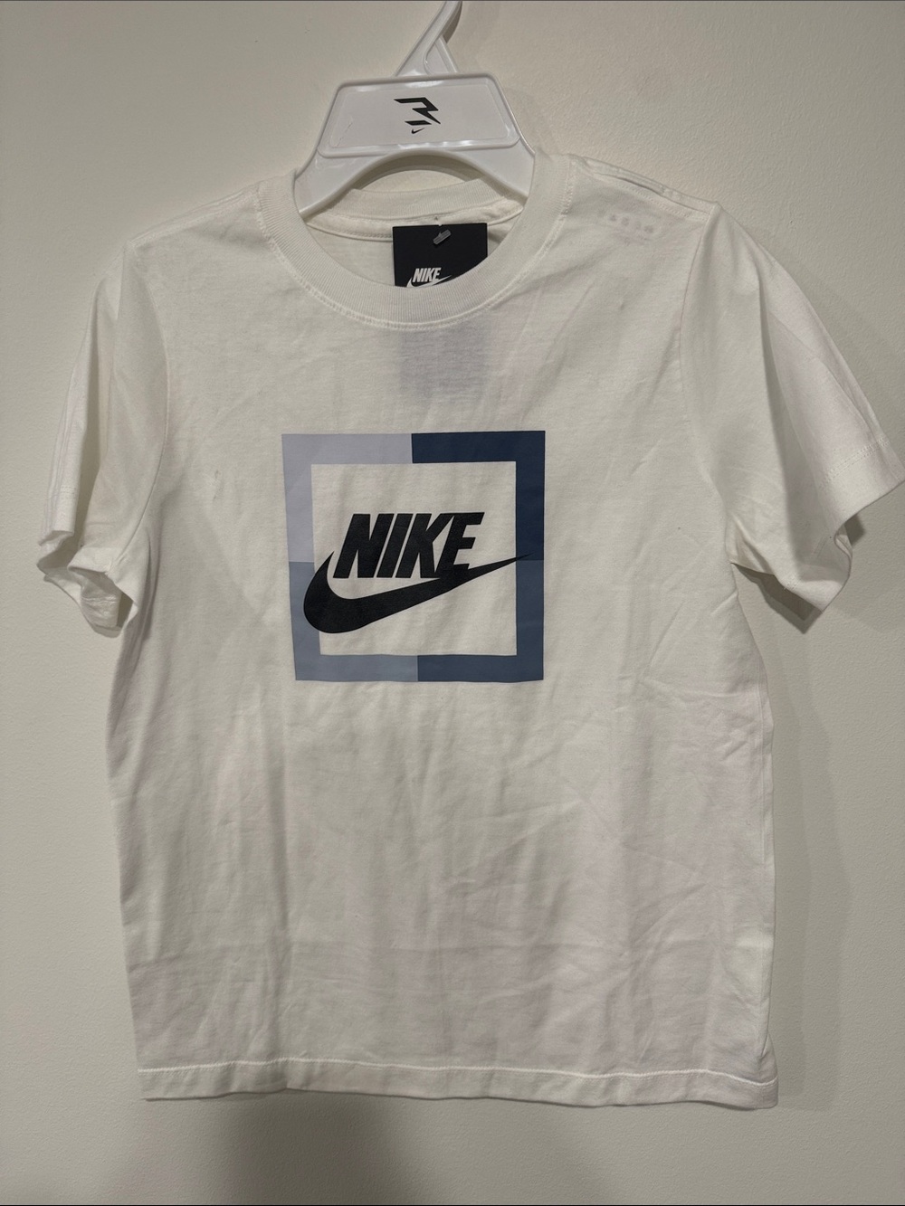 Nike White Short-Sleeve Tee with Navy and Black Logo Square